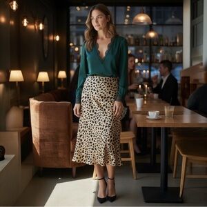 Kourt Satin Leopard Print Satin Midi Skirt NWT Size L Saks Fifth Avenue